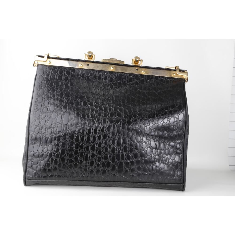 Rare Vintage L’ior Structured Doctor Frame Bag Croc Embossed Leather Calf Hair - Picture 7 of 16